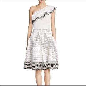 Maje One-Shoulder White Rasta Dress with Black Trim